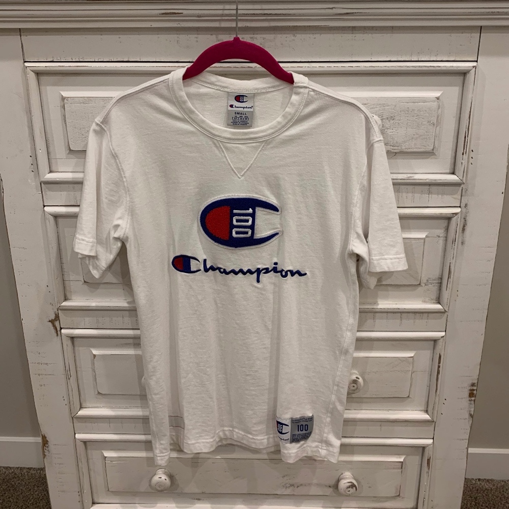 Mens Champion 100th anniversary white tee shirt